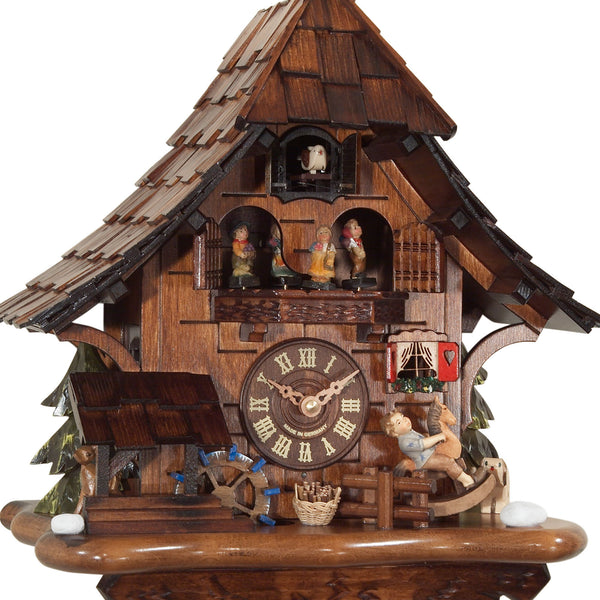 Chalet-style Black Forest battery-powered musical cuckoo clock with moving dancers, watermill-wheel, and rocking-horse 35 cm by Engstler