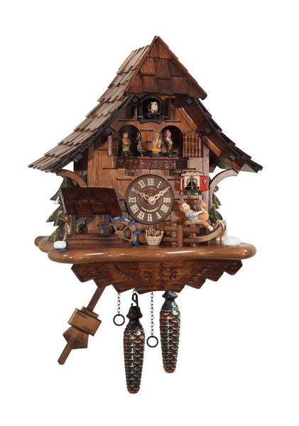 Chalet-style Black Forest battery-powered musical cuckoo clock with moving dancers, watermill-wheel, and rocking-horse 35 cm by Engstler