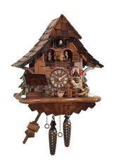 Chalet-style Black Forest battery-powered musical cuckoo clock with moving dancers, watermill-wheel, and rocking-horse 35 cm by Engstler