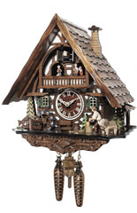 Chalet-style Black Forest battery-powered musical cuckoo clock with moving dancers, watermill-wheel, and wood-chopper 33 cm by Engstler
