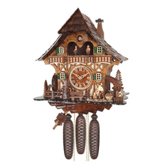 Chalet style 8-day Black Forest cuckoo clock with moving wood-chopper, moving dancers and music 35 cm by Engstler