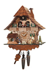 Chalet-style Black Forest battery-powered musical cuckoo clock with moving dancers, watermill-wheel, and wood-chopper 34 cm by Engstler