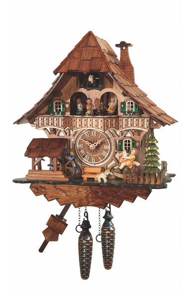 Chalet Style Black Forest 1-day musical cuckoo clock with moving dancers & rocking horse & waterwheel 34 cm by Engstler