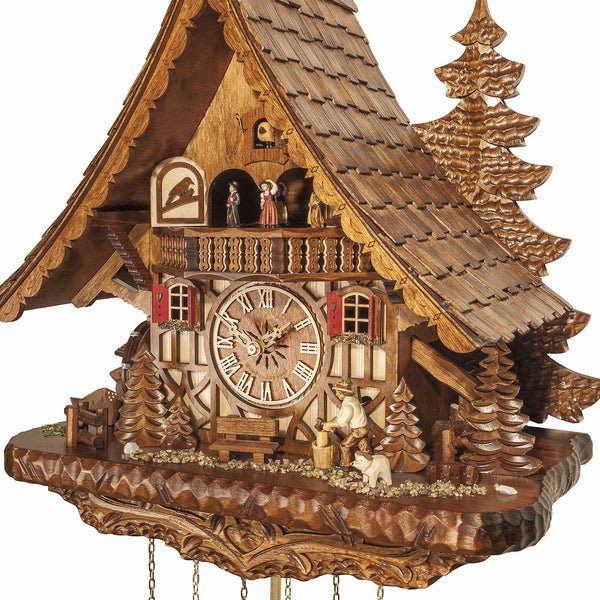 Chalet style 8-day Black Forest cuckoo clock with moving wood-chopper, moving dancers and music 44 cm by Engstler