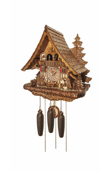 Chalet style 8-day Black Forest cuckoo clock with moving wood-chopper, moving dancers and music 44 cm by Engstler