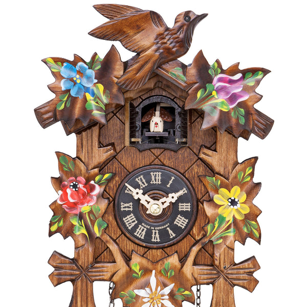 Carved battery-powered cuckoo clock with cuckoo bird and five maples leaves (Painted flowers) with music 22 cm by Engstler