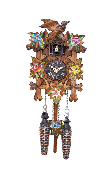 Carved battery-powered cuckoo clock with cuckoo bird and five maples leaves (Painted flowers) with music 22 cm by Engstler
