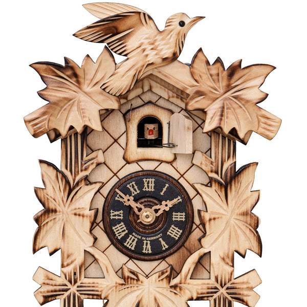 Carved 1-day cuckoo clock with cuckoo bird and five carved leaves (Natural wood) 22 cm by Engstler