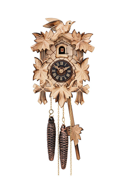 Carved 1-day cuckoo clock with cuckoo bird and five carved leaves (Natural wood) 22 cm by Engstler