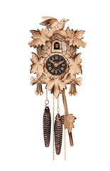 Carved 1-day cuckoo clock with cuckoo bird and five carved leaves (Natural wood) 22 cm by Engstler