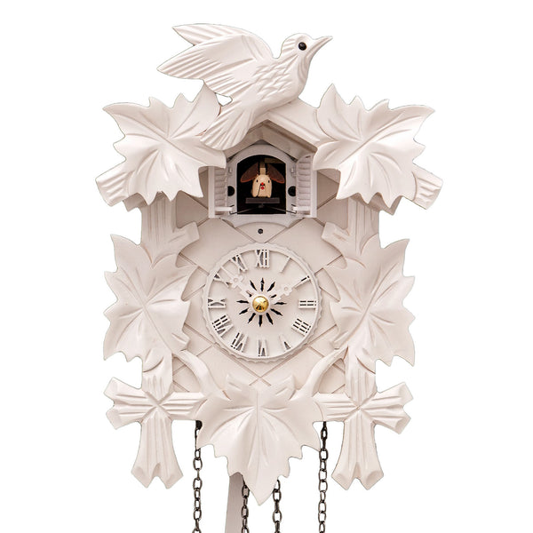 Carved battery-powered cuckoo clock with cuckoo bird and five maples leaves, with music (White) 22 cm by Engstler