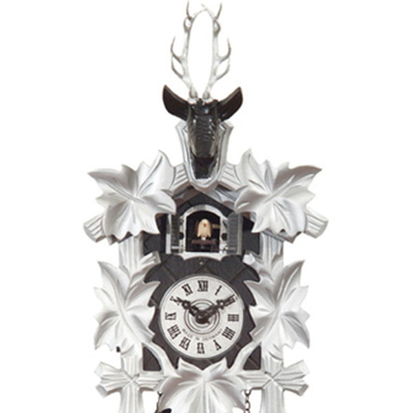 Carved battery-powered cuckoo clock with deer head and five maples leaves (Black & silver) 30 cm by Engstler