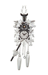 Carved battery-powered cuckoo clock with deer head and five maples leaves, with music (Black & silver) 30 cm by Engstler