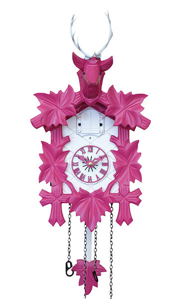 Carved battery-powered cuckoo clock with deer head and five maples leaves, with music (Pink & white) 30 cm by Engstler