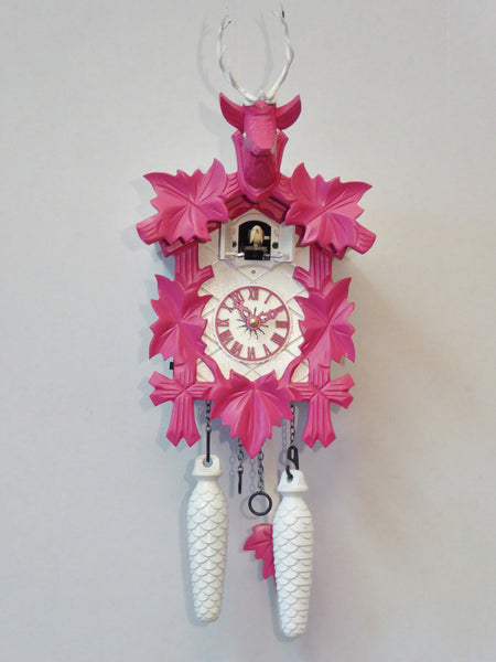 Carved battery-powered cuckoo clock with deer head and five maples leaves, with music (Pink & white) 30 cm by Engstler