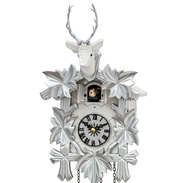 Carved battery-powered cuckoo clock with deer head and five maples leaves (White & green) 42 cm by Engstler