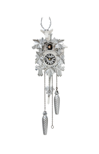 Carved battery-powered cuckoo clock with deer head and five maples leaves (White & green) 42 cm by Engstler