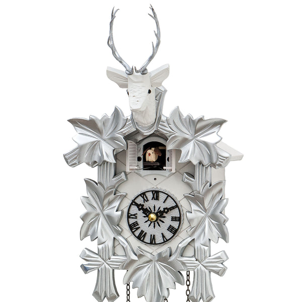 Carved 1-day cuckoo clock with deer head and five carved leaves (Silver Grey) 30 cm by Engstler