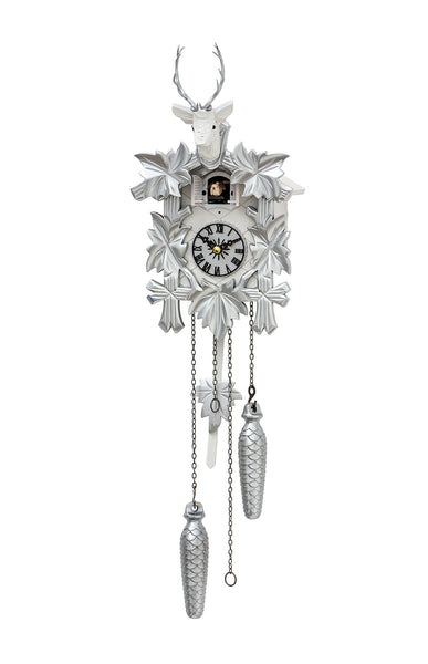 Carved 1-day cuckoo clock with deer head and five carved leaves (Silver Grey) 30 cm by Engstler