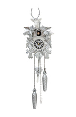 Carved 1-day cuckoo clock with deer head and five carved leaves (Silver Grey) 30 cm by Engstler