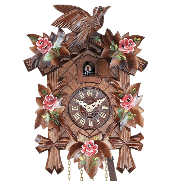 Carved 1-day cuckoo clock with cuckoo bird and five carved leaves (Varnished wood and painted roses) 22 cm by Engstler