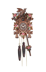 Carved 1-day cuckoo clock with cuckoo bird and five carved leaves (Varnished wood and painted roses) 22 cm by Engstler
