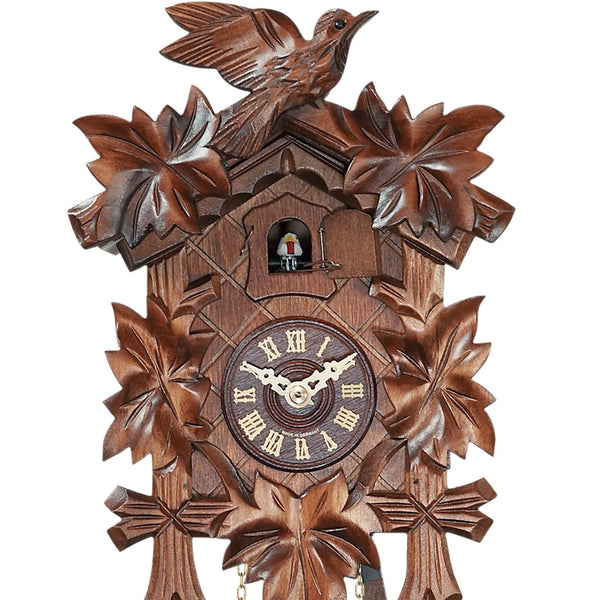 Carved battery-powered cuckoo clock with cuckoo bird and five maples leaves 22 cm by Engstler
