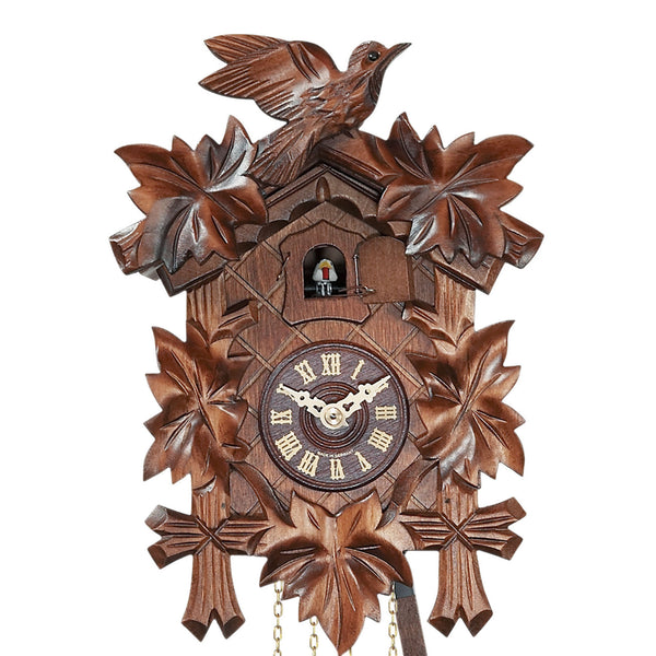 Carved battery-powered cuckoo clock with cuckoo bird and five maples leaves, with music 22 cm by Engstler