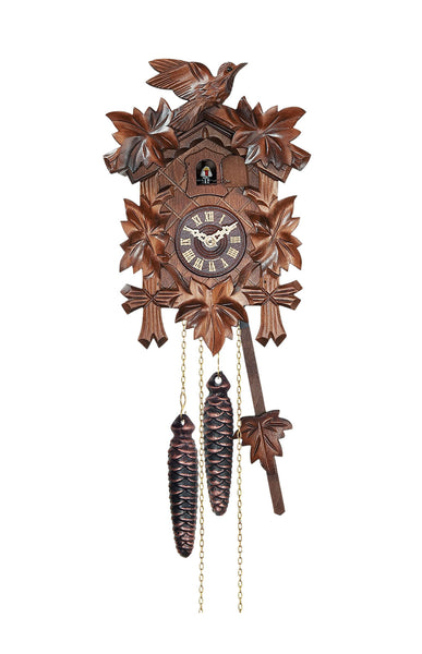 Carved battery-powered cuckoo clock with cuckoo bird and five maples leaves, with music 22 cm by Engstler