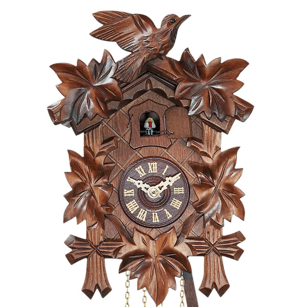 Carved 1-day cuckoo clock with cuckoo bird and five carved leaves (Varnished wood) 22 cm by Engstler