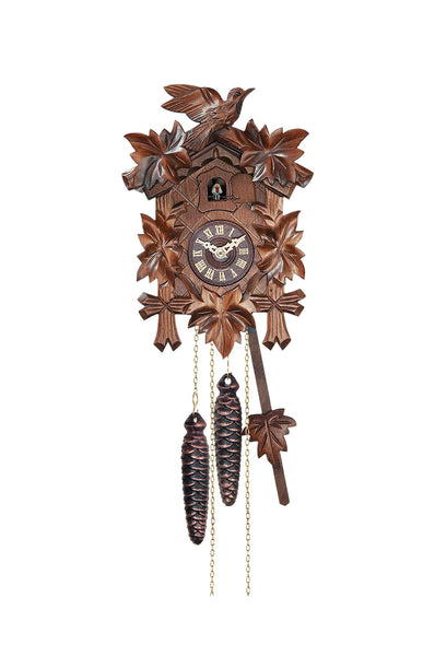 Carved 1-day cuckoo clock with cuckoo bird and five carved leaves (Varnished wood) 22 cm by Engstler