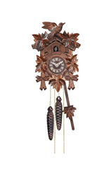 Carved 1-day cuckoo clock with cuckoo bird and five carved leaves (Varnished wood) 22 cm by Engstler