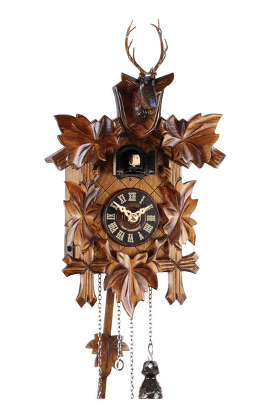Carved 8-day cuckoo clock with deer head and carved leaves 28 cm by Engstler