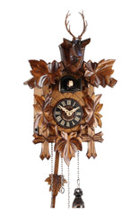 Carved 8-day cuckoo clock with deer head and carved leaves 28 cm by Engstler