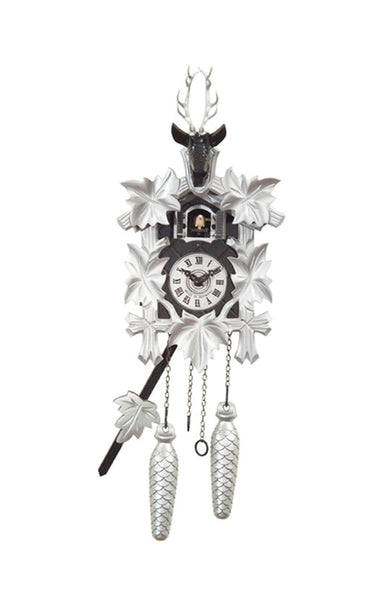 Carved battery-powered cuckoo clock with deer head and five maples leaves (Silver & black) 42 cm by Engstler