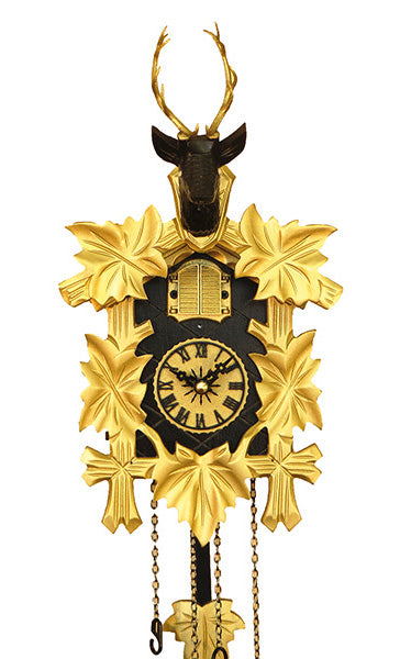 Carved battery-powered cuckoo clock with deer head and five maples leaves, with music (Black & gold) 42 cm by Engstler