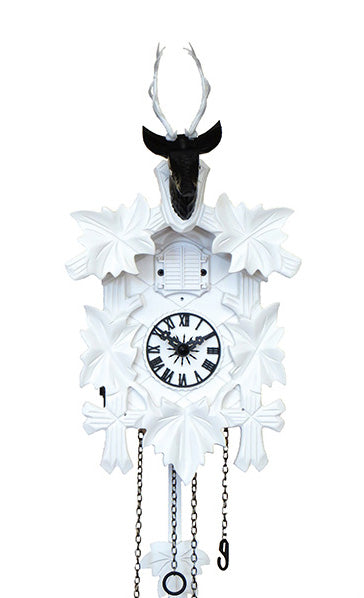 Carved battery-powered cuckoo clock with deer head and five maples leaves (Black & white) 42 cm by Engstler