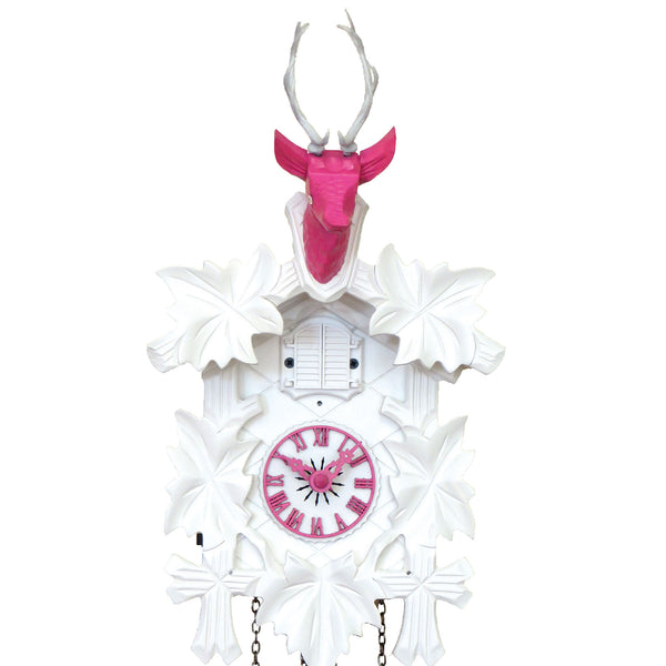 Carved battery-powered cuckoo clock with deer head and five maples leaves, with music (White & pink) 42 cm by Engstler