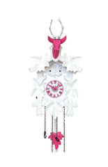Carved 1-day cuckoo clock with deer head and carved leaves (White & pink) 42 cm by Engstler