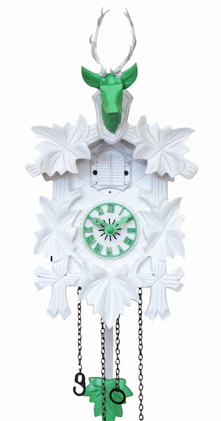 Carved battery-powered cuckoo clock with deer head and five maples leaves, with music (White & green) 42 cm by Engstler