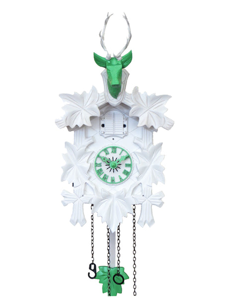 Carved battery-powered cuckoo clock with deer head and five maples leaves, with music (White & green) 42 cm by Engstler