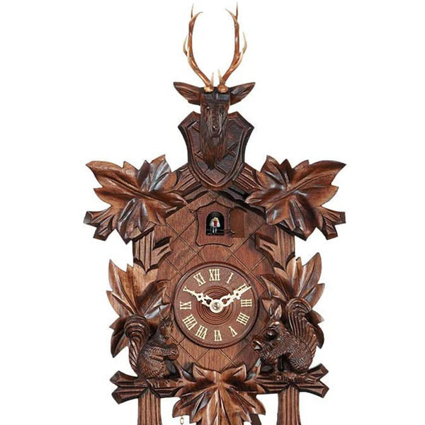 Carved 8-day cuckoo clock with deer head, leaves and squirrels 38 cm by Engstler
