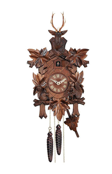 Carved 8-day cuckoo clock with deer head, leaves and squirrels 38 cm by Engstler