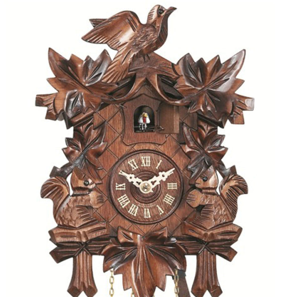 Carved battery-powered cuckoo clock with cuckoo bird, two squirrels, five maples leaves, with music 22 cm by Engstler