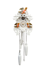 Carved battery-powered cuckoo clock with large cuckoo bird, two smaller birds (Painted & white) 35 cm by Engstler