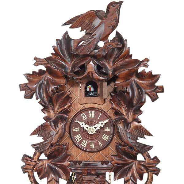 Carved 1-day cuckoo clock with carved cuckoo bird and carved leaves (Varnished wood) 26 cm by Engstler