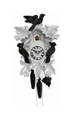Carved battery-powered cuckoo clock with large cuckoo bird, two smaller birds, five leaves 35 cm (White, silver and black) by Engstler