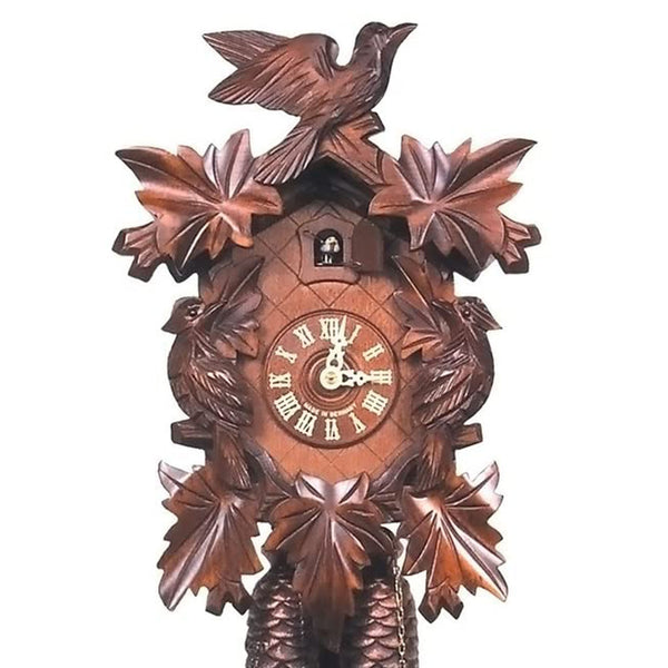 Carved 8-day cuckoo clock with cuckoo birds and carved leaves (Varnished wood) 35 cm by Engstler
