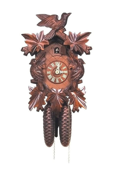 Carved 8-day cuckoo clock with cuckoo birds and carved leaves (Varnished wood) 35 cm by Engstler