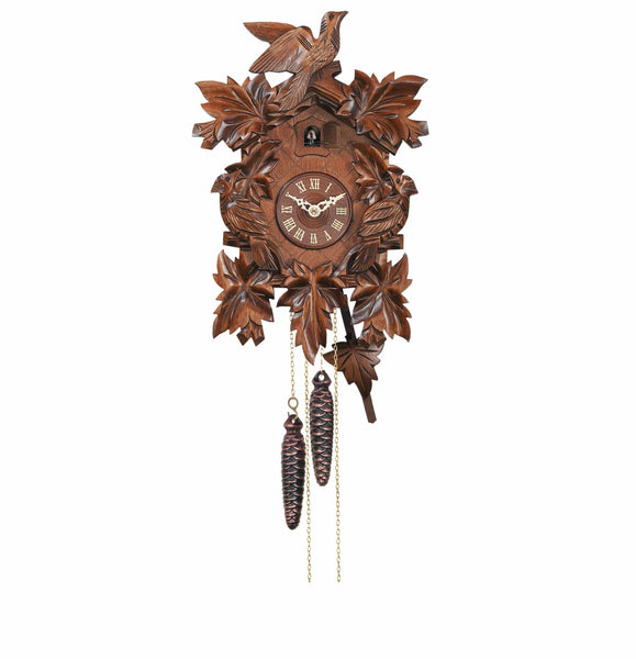Carved battery-powered cuckoo clock with large cuckoo bird, two smaller birds, five leaves, with music 35 cm by Engstler